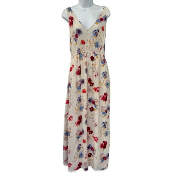 Lucky Brand Ivory Red Blue Floral Sleeveless Tie Waist V-Neck Maxi Dress size S - Picture 2 of 11